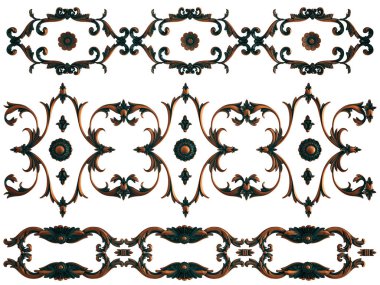 Beyaz arka planda yeşil işlemeli bakır süsleme koleksiyonu. İzole edilmiş