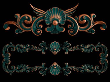 Siyah arka planda yeşil gülü bakır süsleme koleksiyonu. İzole edilmiş