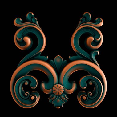 Siyah arka planda yeşil gülü bakır süsleme koleksiyonu. İzole edilmiş