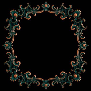 Bakır çerçeve süsleme segmentleri siyah bir arkaplanda kusursuz desen. Lüks oymacılık. İzole edilmiş.