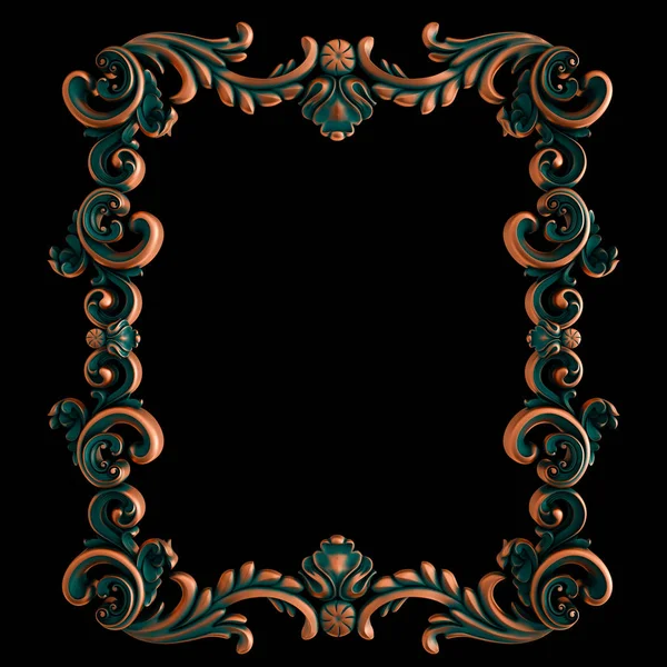 Kupferrahmen ornamentale Segmente nahtloses Muster auf schwarzem Hintergrund. Luxus-Schnitzdekoration. isoliert. — Stockfoto