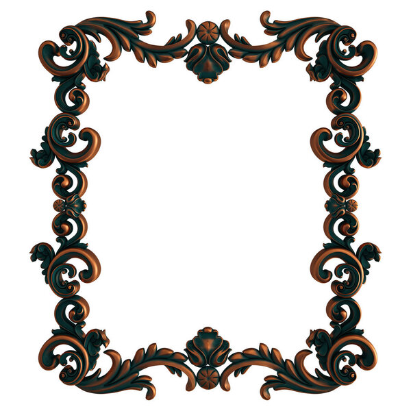 Collection of copper ornaments with green patina on a white background. Isolated