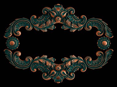 Bakır çerçeve süsleme segmentleri siyah bir arkaplanda kusursuz desen. Lüks oymacılık. İzole edilmiş.