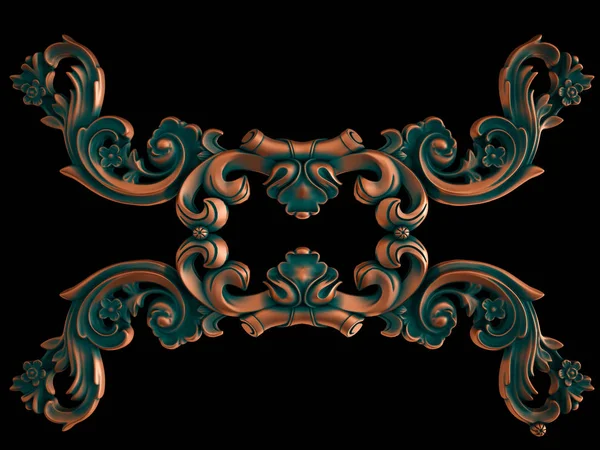 Collection of copper ornaments with green patina on a black background. Isolated — Stock Photo, Image