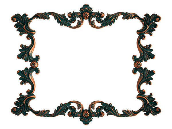 Collection of copper ornaments with green patina on a white background. Isolated