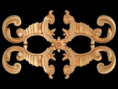 Altın süslemeler, siyah arka planda kusursuz desenler. Lüks oymacılık. İzole edilmiş