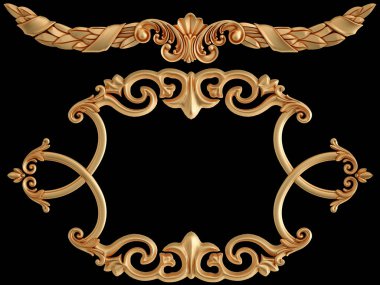 Altın süslemeler, siyah arka planda kusursuz desenler. Lüks oymacılık. İzole edilmiş