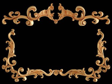 Altın süslemeler, siyah arka planda kusursuz desenler. Lüks oymacılık. İzole edilmiş