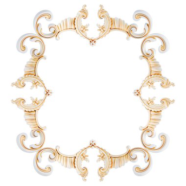 Beyaz arka planda altın işlemeli beyaz süs çerçevesi. İzole edilmiş