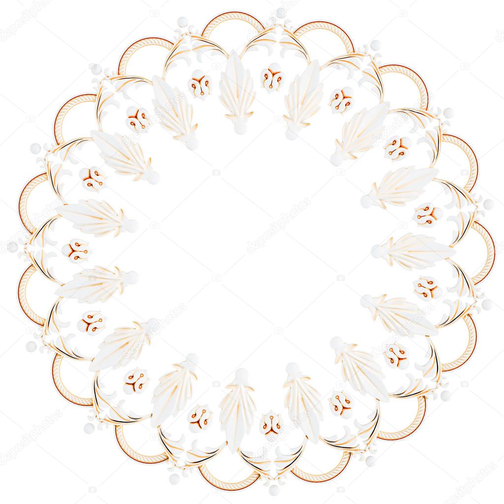 White ornament frame with gold patina on a white background. Isolated