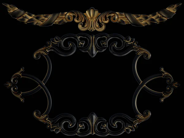 Ornamento nero con patina d'oro su sfondo nero. Isolato — Foto Stock