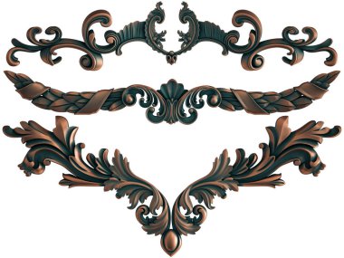 Beyaz arka planda yeşil işlemeli bakır süsleme koleksiyonu. İzole edilmiş. İzole edilmiş. 3d illüstrasyon