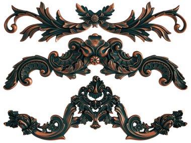 Beyaz arka planda yeşil işlemeli bakır süsleme koleksiyonu. İzole edilmiş. İzole edilmiş. 3d illüstrasyon