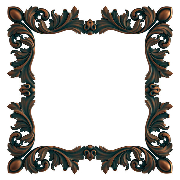 Collection of copper ornaments with green patina on a white background. Isolated. Isolated. 3D illustration