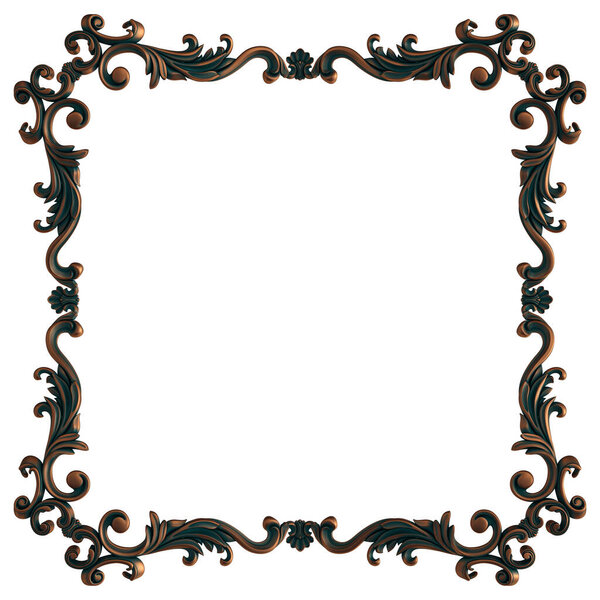 Collection of copper ornaments with green patina on a white background. Isolated. Isolated. 3D illustration