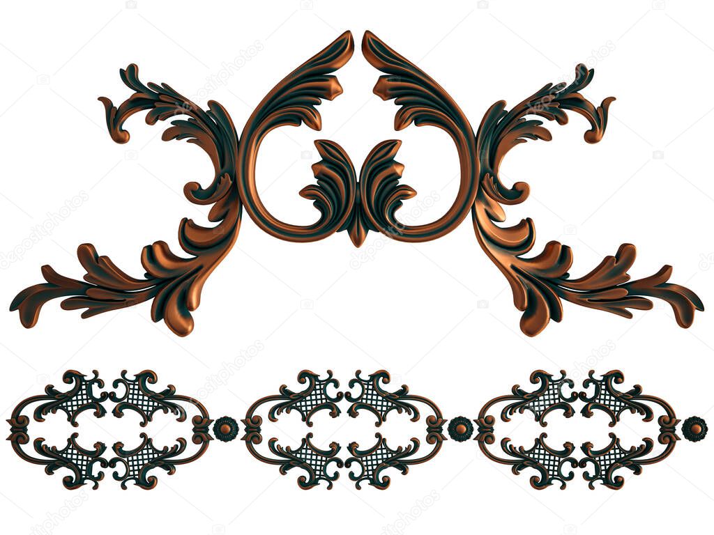 Collection of copper ornaments with green patina on a white background. Isolated. Isolated. 3D illustration