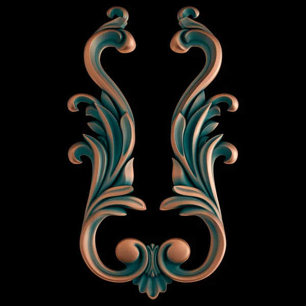 Collection of copper ornaments with green patina on a black background. Isolated. Isolated. 3D illustration