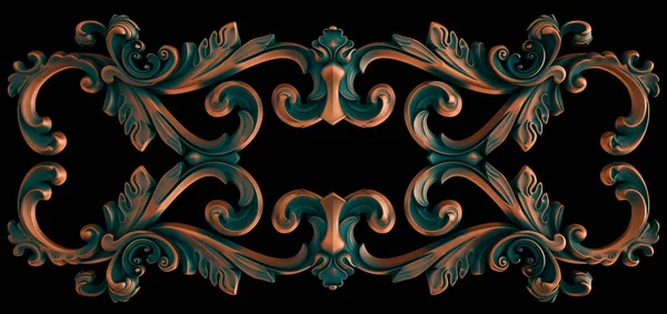 Collection of copper ornaments with green patina on a black background. Isolated. Isolated. 3D illustration