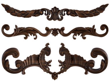 Ahşap süsleme beyaz zemin üzerinde. İzole. 3D çizim