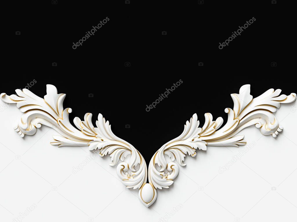 Vintage white card with gold patina ornament decoration. 3D illustration