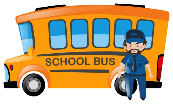 Conductor de autobús parado frente al autobús escolar — Vector de stock