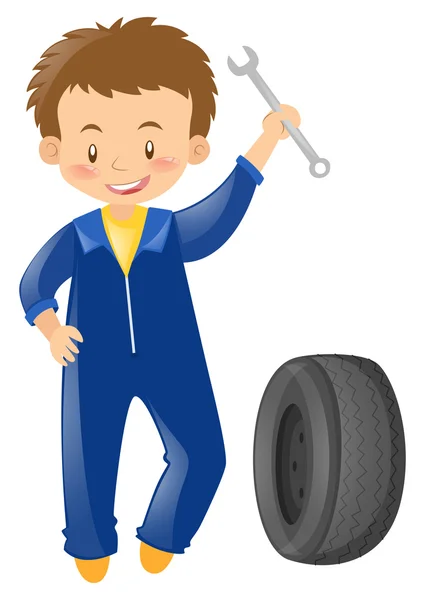 Mechaniker mit Werkzeug und Reifen — Stockvektor