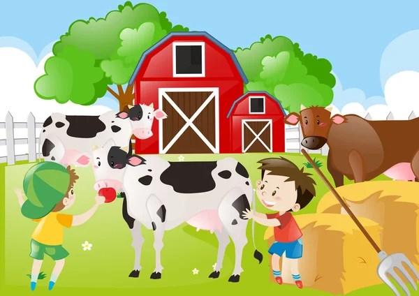 Два мальчика кормят коров на ферме — стоковый вектор