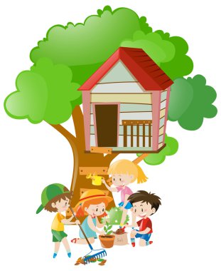 Çocuklar bahçedeki şeyler yapıyor
