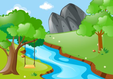 Nehrin yanında ağaçta salıncak ile Park sahne