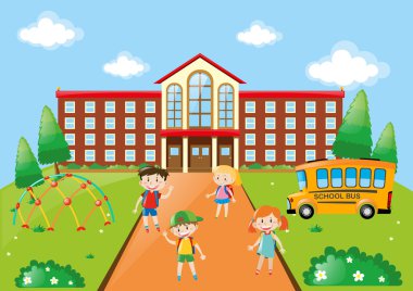 Öğrenciler ve okul otobüsü okulda