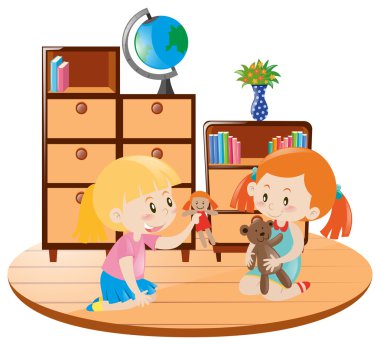 İki kız bebek odasında oynarken