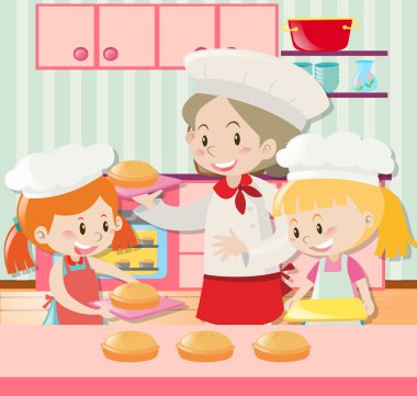 Baker ve iki kız pasta pişirme
