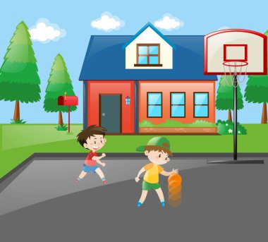 İki çocuk, evde basketbol oynarken