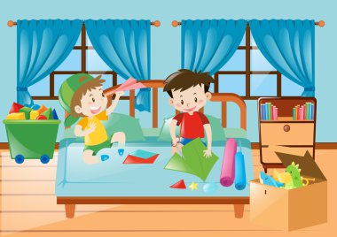 Yatak odasında oynayan çocuklar
