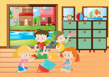 Çocuklar oturma odasında kağıt uçak katlama