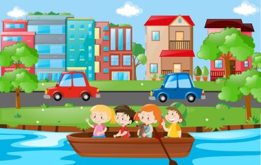 Çocuklar kürek teknesi nehirde 