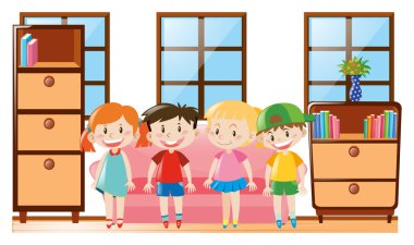 Odada dört mutlu çocuk