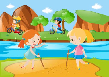 Dört çocuk genel parkta oynarken