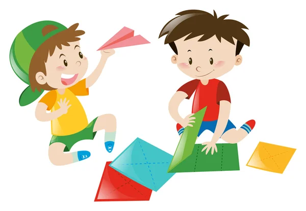 Two boys folding paper airplane — Stock Vector