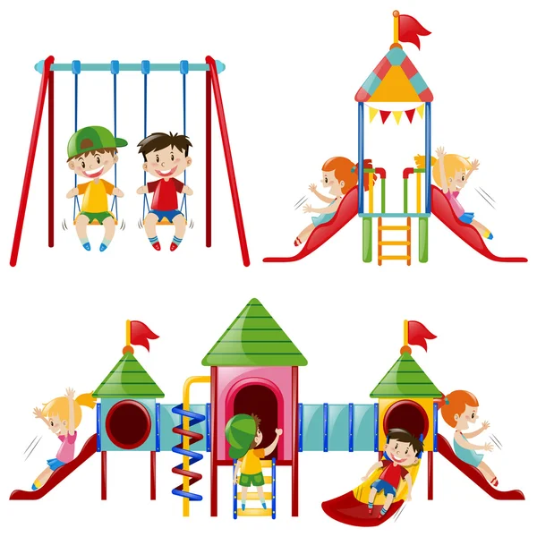 Kinder spielen auf verschiedenen Spielstationen — Stockvektor