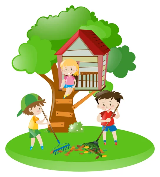 Chłopcy, grabienie liści i dziewczyna na domek na drzewie — Wektor stockowy