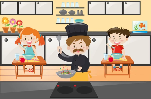 Cocinero y niños comiendo en la cocina — Vector de stock