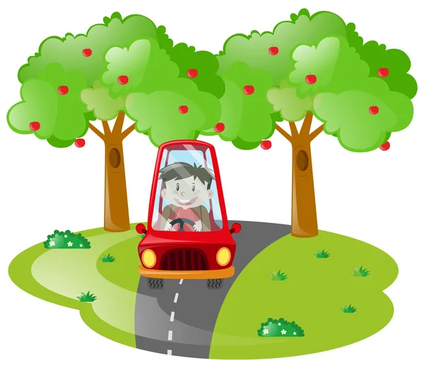 Junge fährt mit rotem Auto auf der Straße — Stockvektor