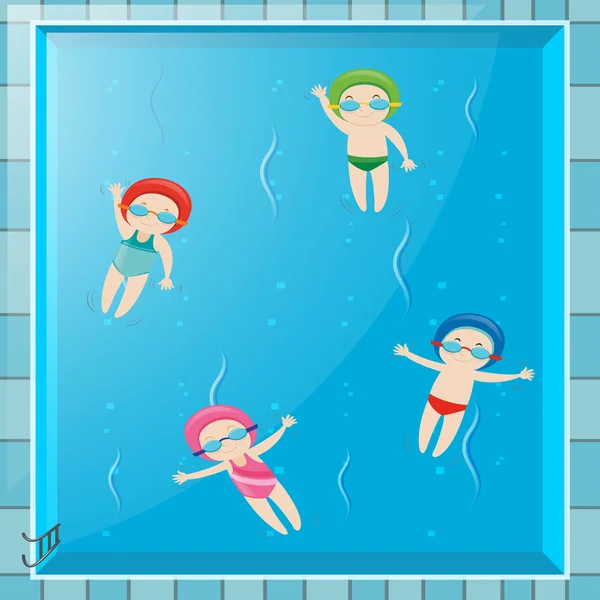 Négy gyerek úszás a medencében — Stock Vector