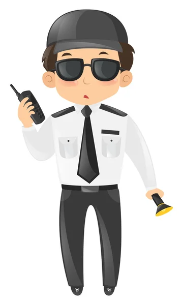 Security guard met radio en zaklantaarn — Stockvector