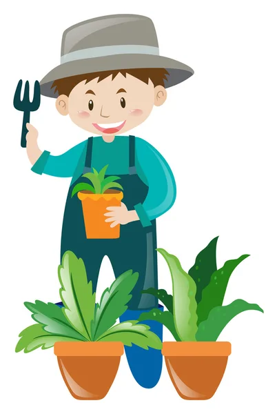 Jardinero masculino trabajando en el jardín — Vector de stock