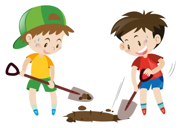 Два парня копают яму лопатами. — стоковый вектор