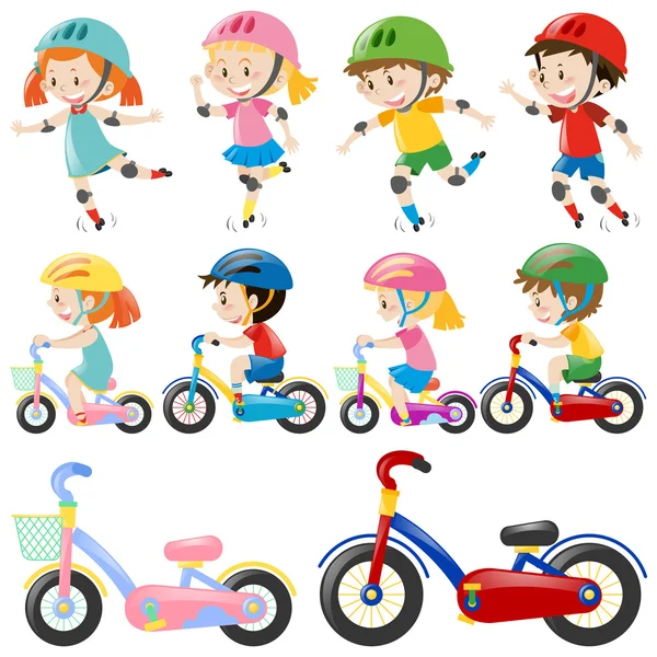 Niños y niñas en bicicleta — Vector de stock