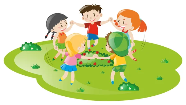 Niños y niñas jugando en el parque — Vector de stock
