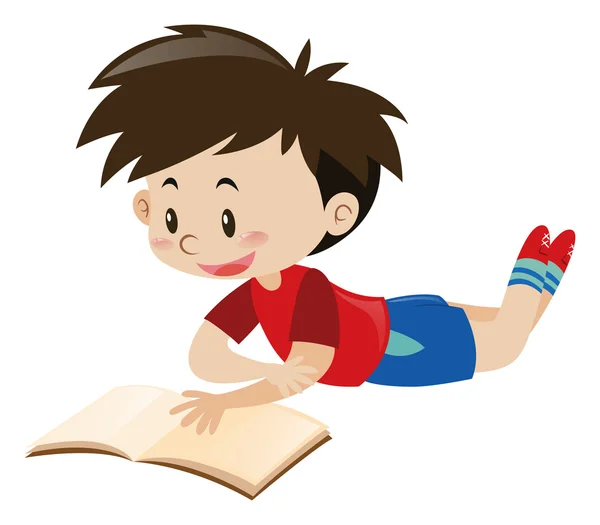 Jongen in het rode shirt lezen boek — Stockvector